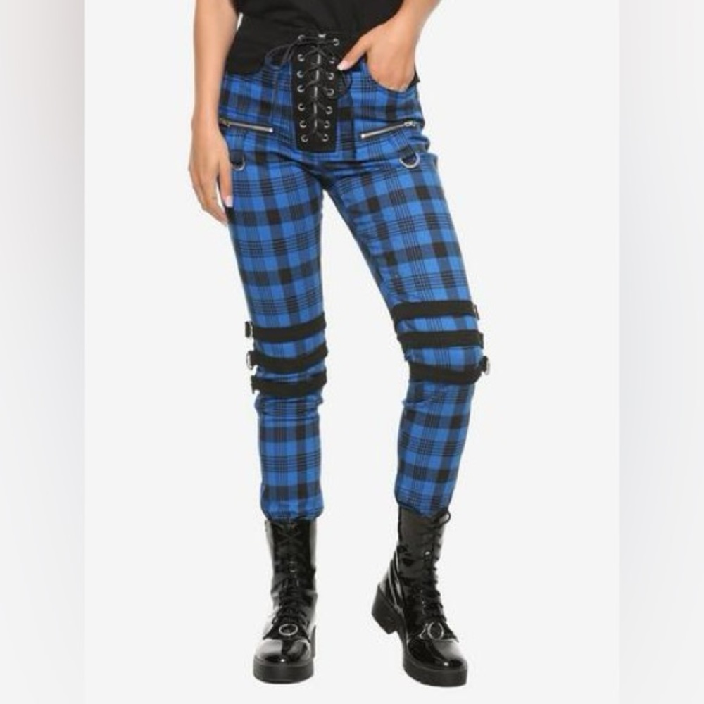 ROYAL BONES BY TRIPP NYC Blue Plaid Buckle Zipper Pants Skinny Bondage Straps 15